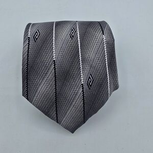 Mens Necktie NeckTie Silver Black Geometric 58" x 4" Vintage Suit Tie